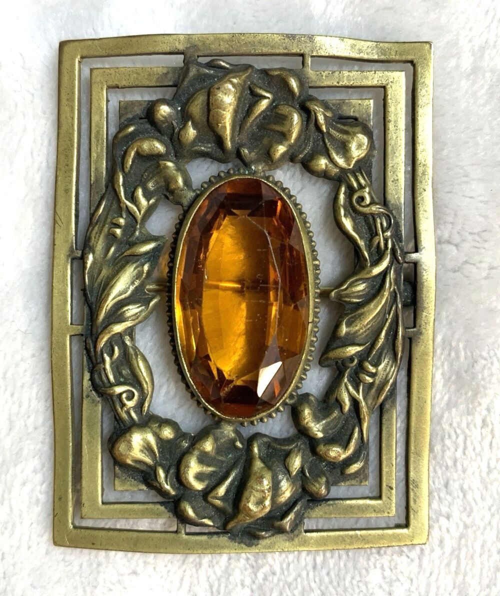 Antique Art Nouveau Brass Sash Pin Amber Glass Stone Open C Clasp 1910s Brooch